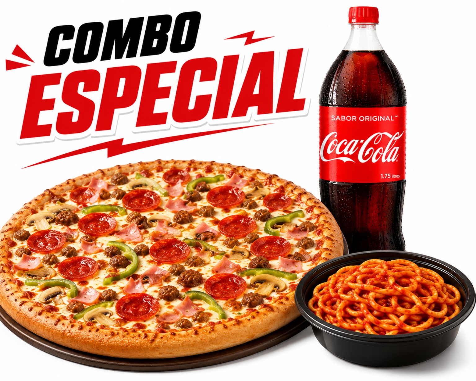 Combo Especial: una pizza, refresco familiar y espagueti