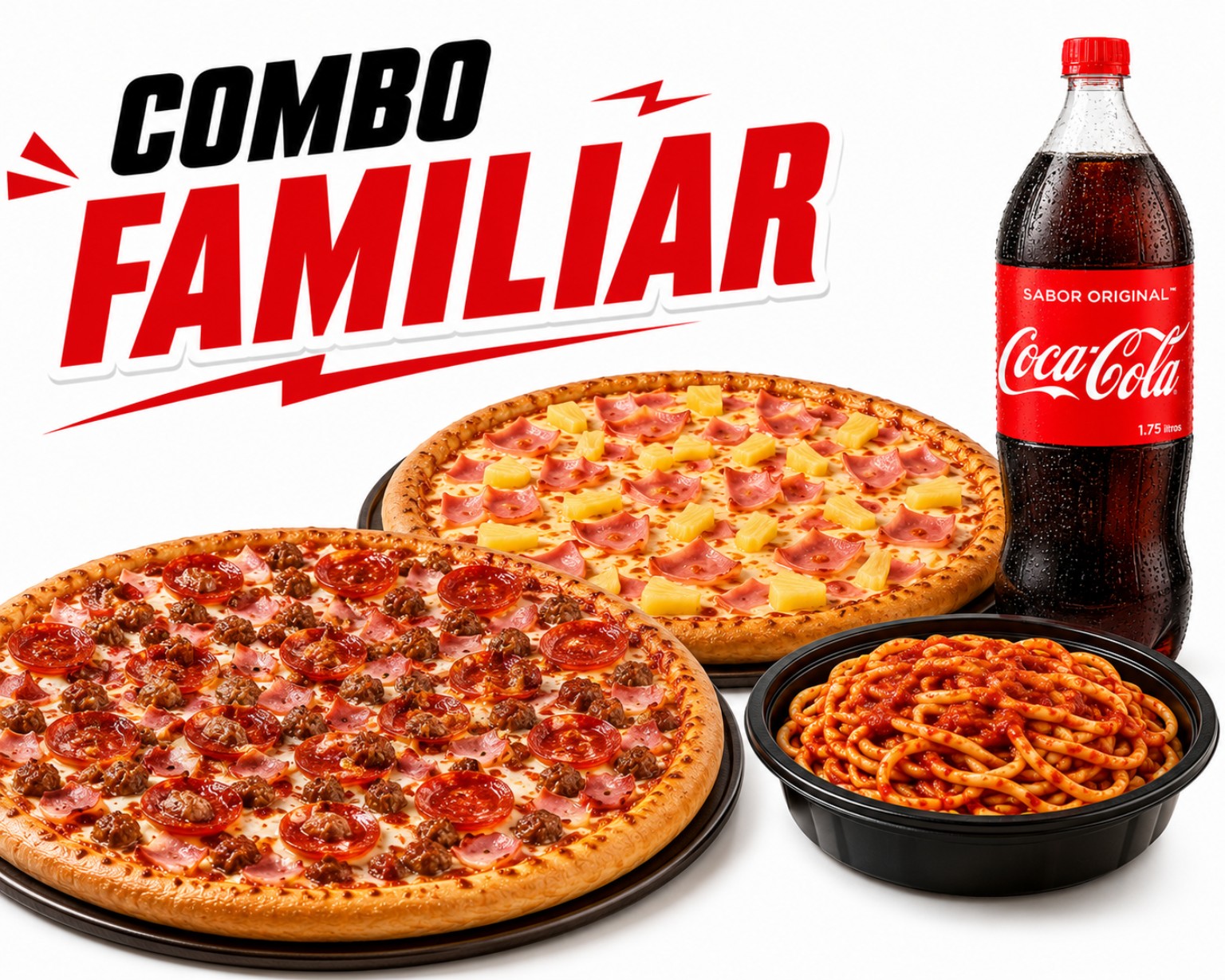 Combo Familiar: dos pizzas, refresco familiar y espagueti