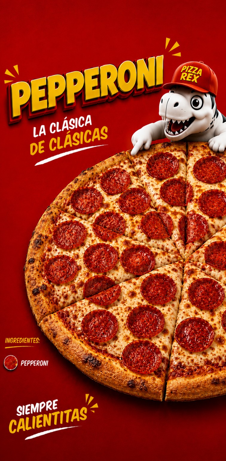 Pizza de pepperoni Pizza Rex con Rexy y la frase La clásica de clásicas